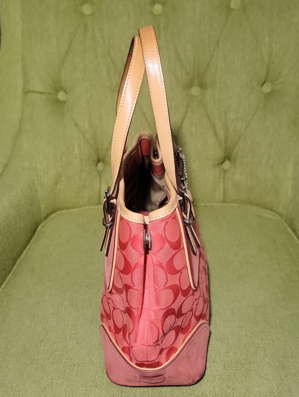 Coach Pink Signature Canvas Shoulder Tote with Beige Leather Trim